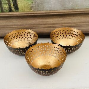 Metal Bowl Candle Holders Set Of 3 Gold Bronze Geometric Perforated Jagged Edge